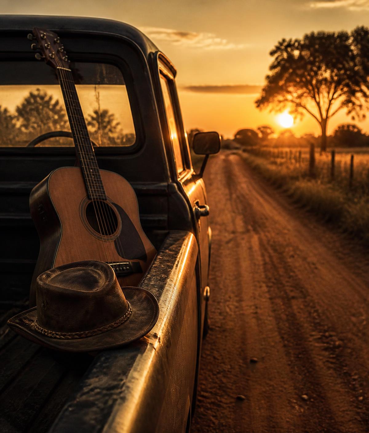 Estrada de terra ao pôr do sol com violão e chapéu na caçamba de uma caminhonete