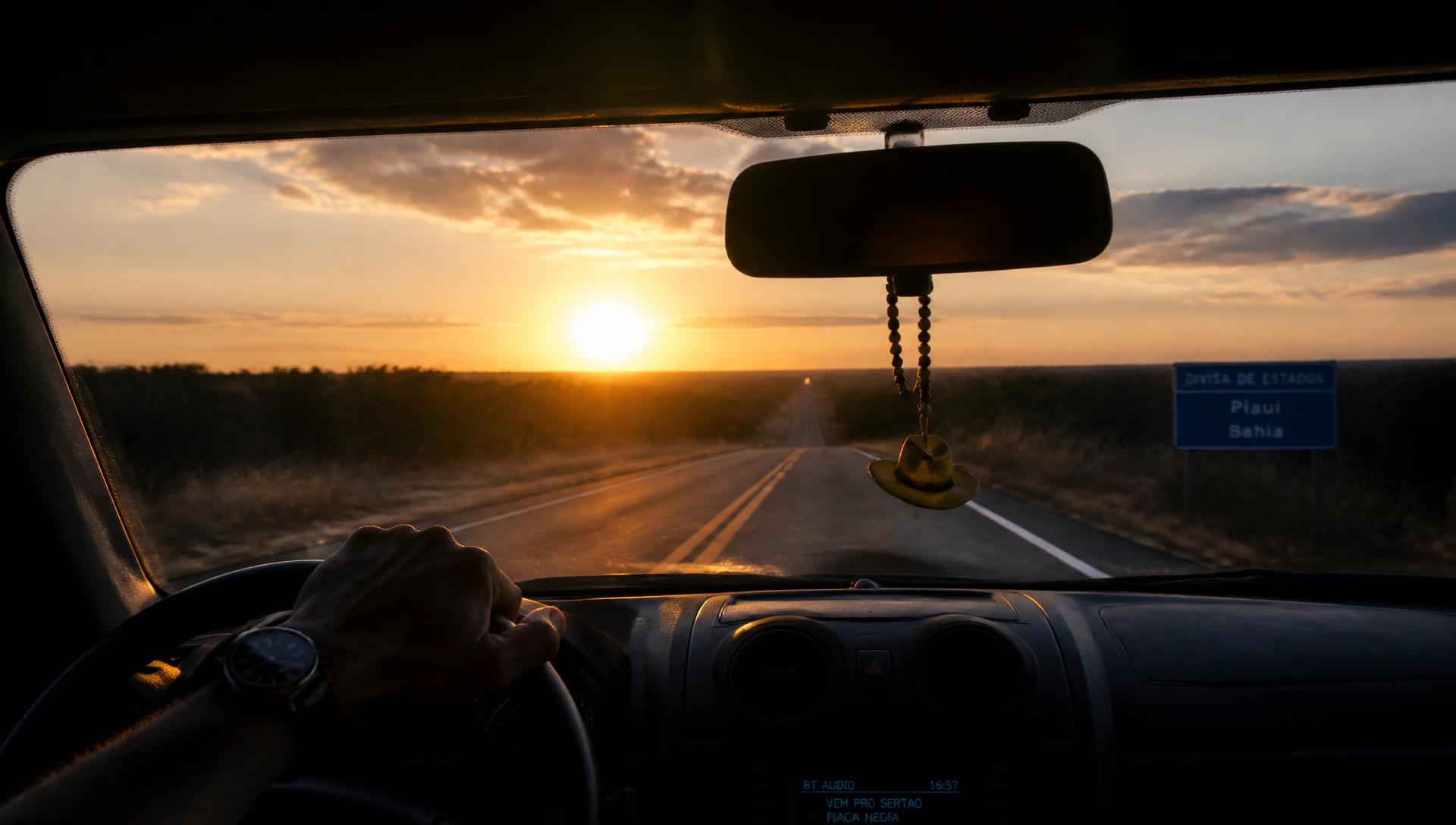 Estrada brasileira ao pôr do sol vista de dentro de um carro